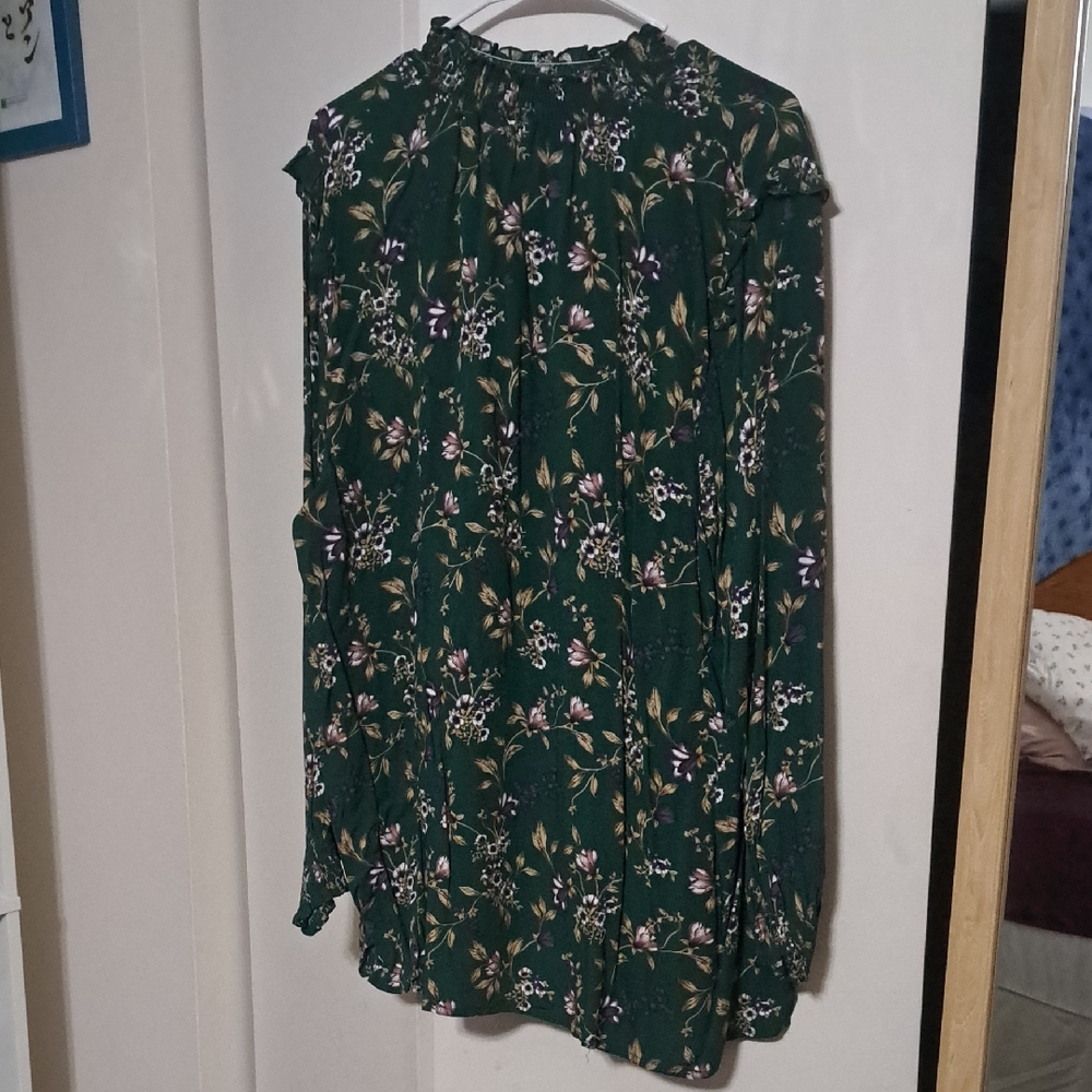 SHEIN Green Ruffled Long Sleeve Blouse with Mandarin Collar